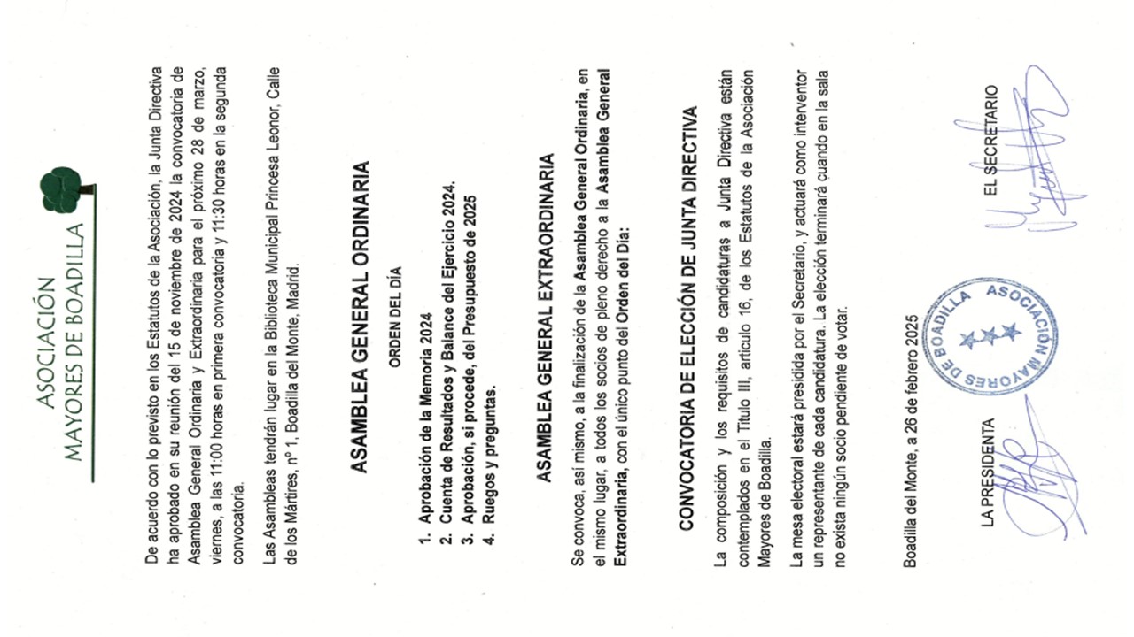 ASAMBLEA GENERAL ORDINARIA Y ASAMBLEA GENERAL EXTRAORDINARIA:  28 MARZO 2025 A LAS 11h